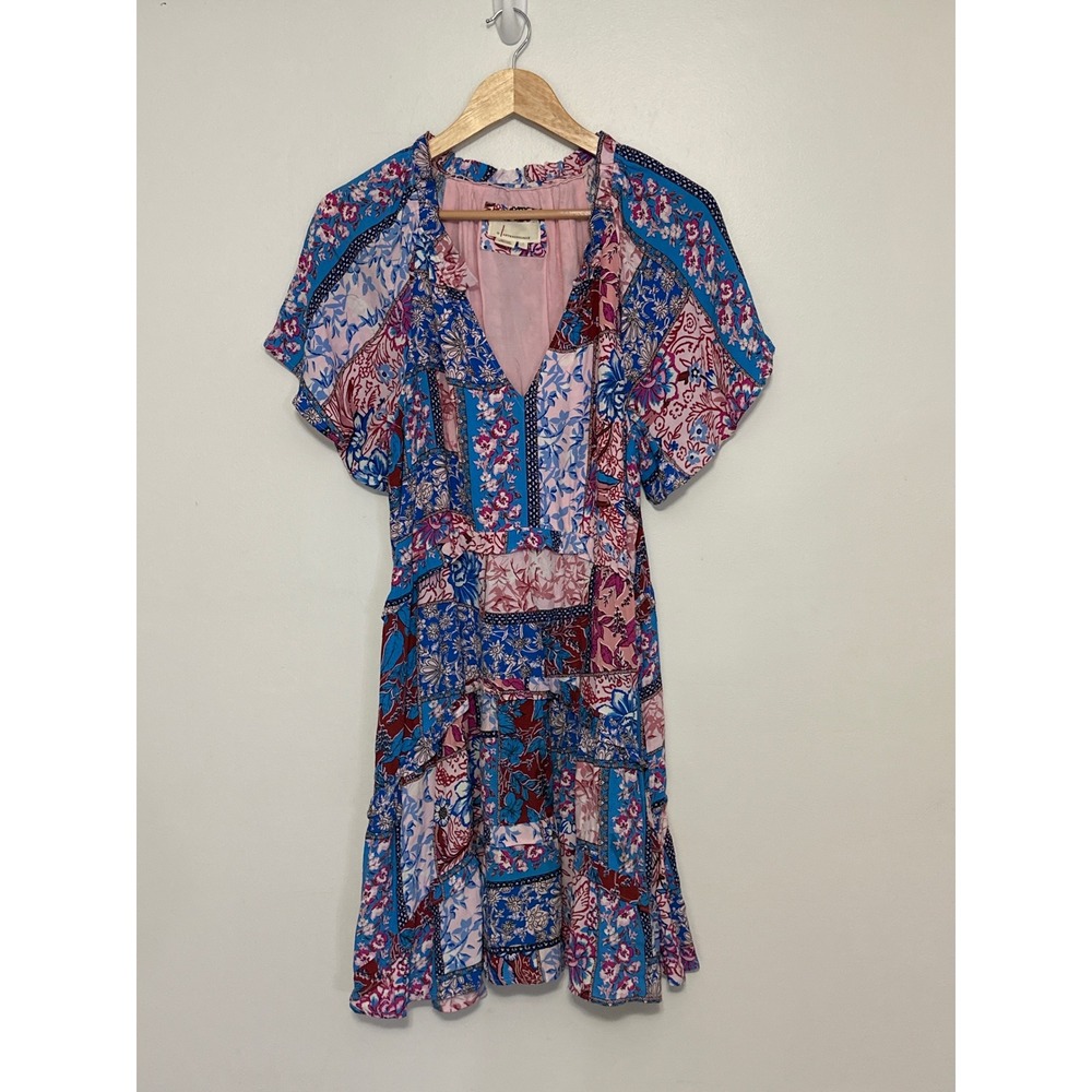 Anthropologie Robin Patchwork Floral Tiered Mini Dress Boho Girly Womens Size L